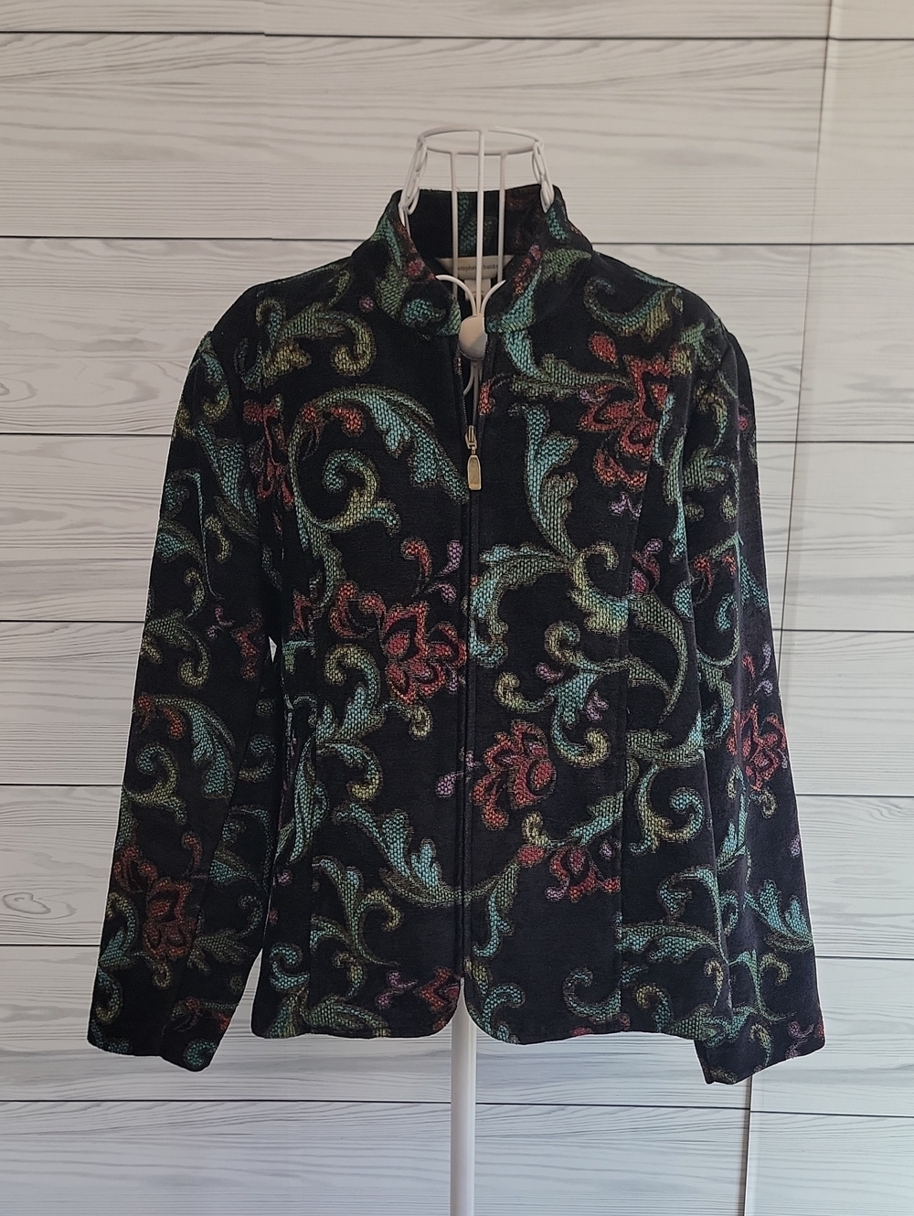Christopher & Banks Black Floral Scroll Zip Jacket w/ Teal & Red Accents Size L